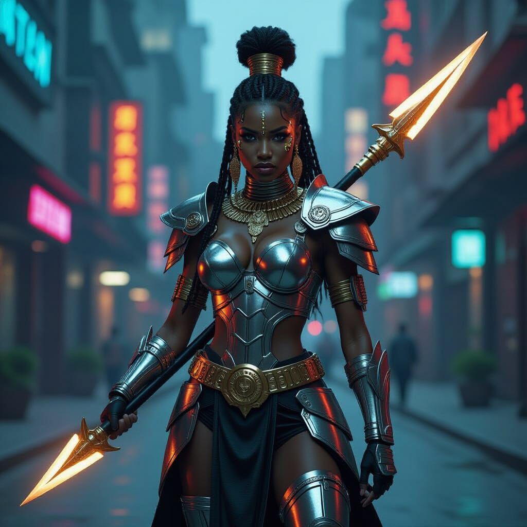 Cyberpunk African Warrior Queen with Golden Armor