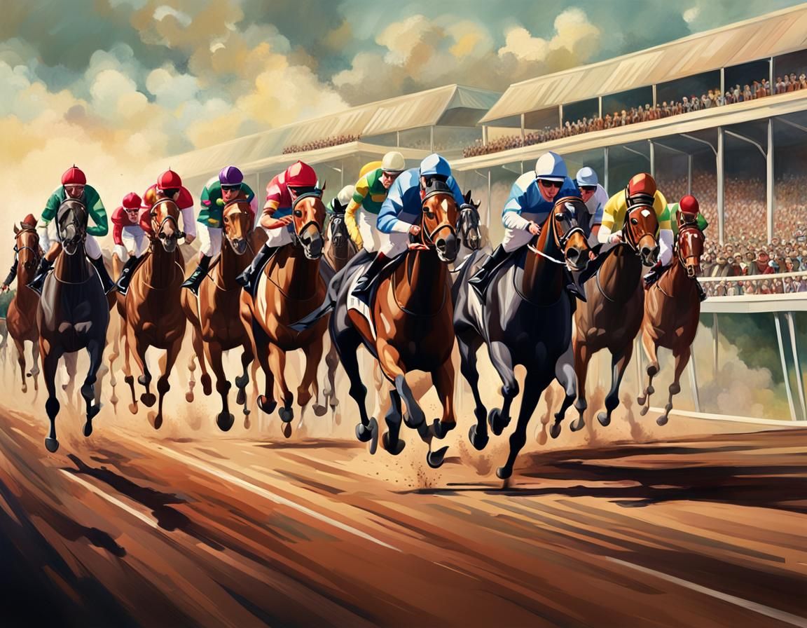 Racehorses Charging Down Racecourse in 1950s Style