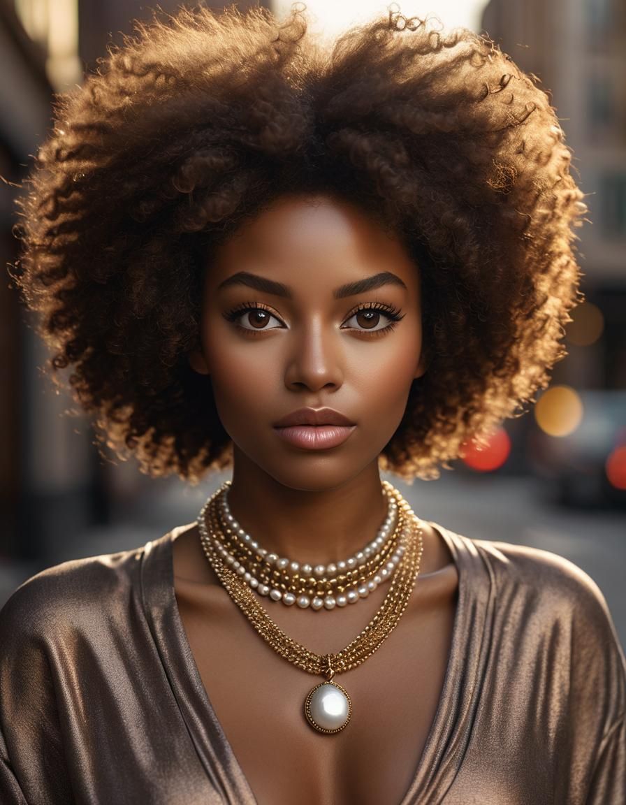 Photorealistic Portrait of Woman with Afro in 1970s Style