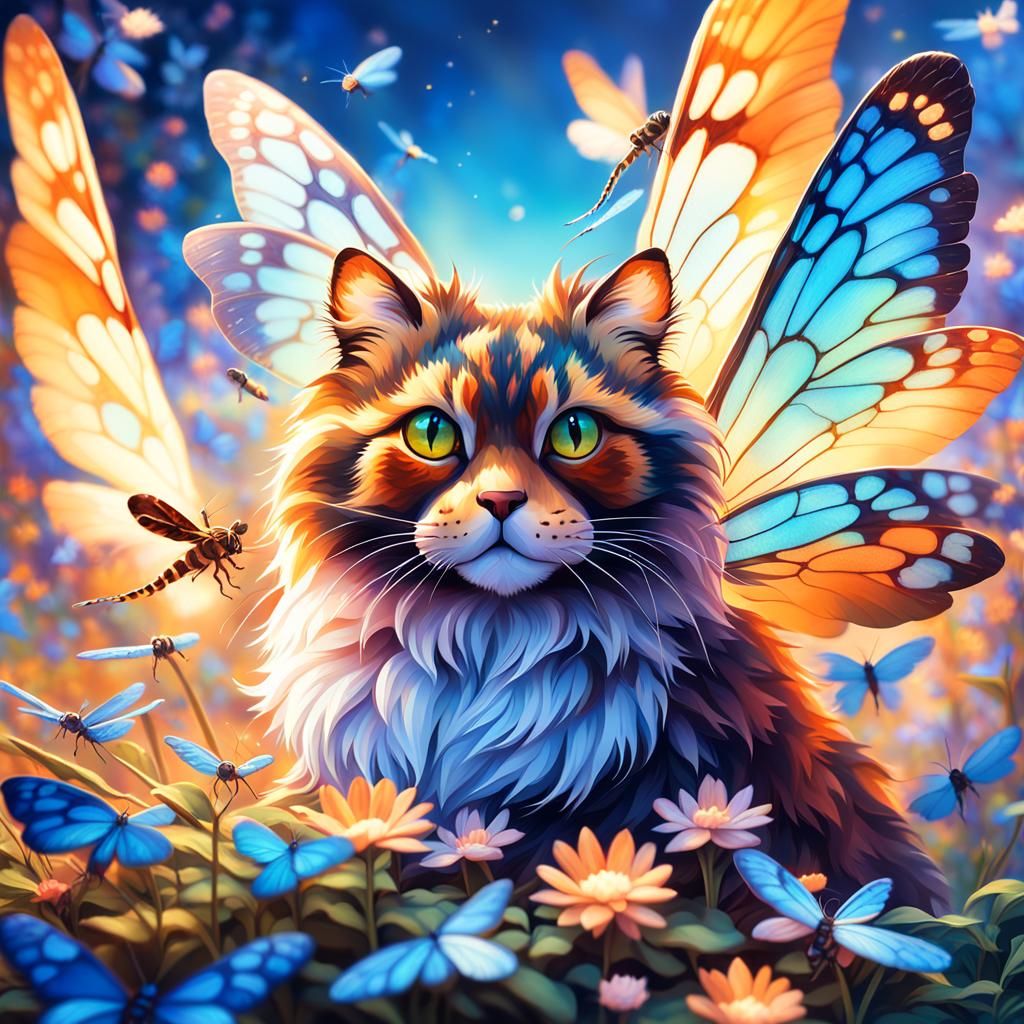 Fluffy Cat Runs Through Dragonfly Forest: Fantasy Art