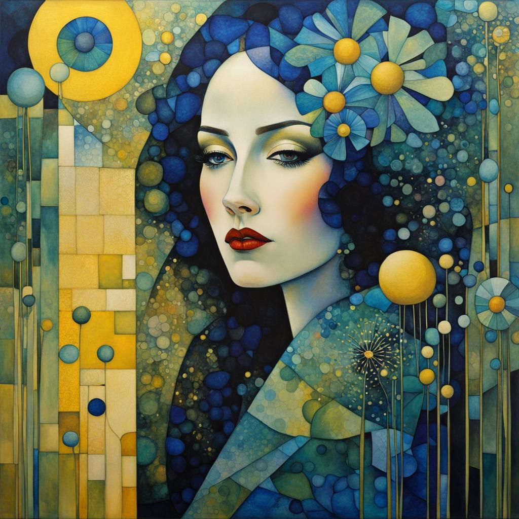 Klimt-Inspired Woman with Geometric Blossoms