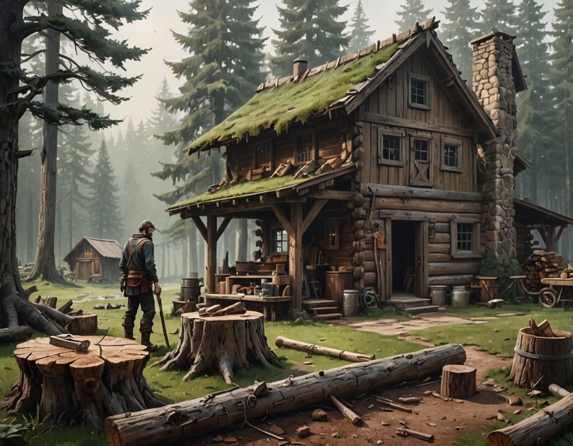 Medieval Lumberjack Scene in Rustic Digital Art