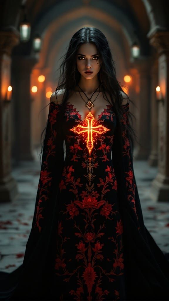 Ethereal Oracle in Crimson Velvet Gown Illuminated by Candle...
