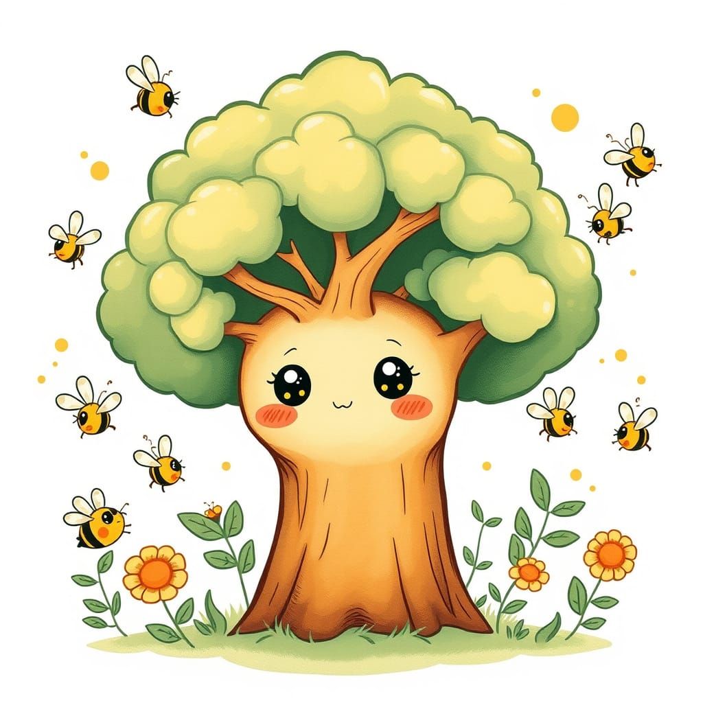 Retro Whimsy Tree Character Saves the Bees