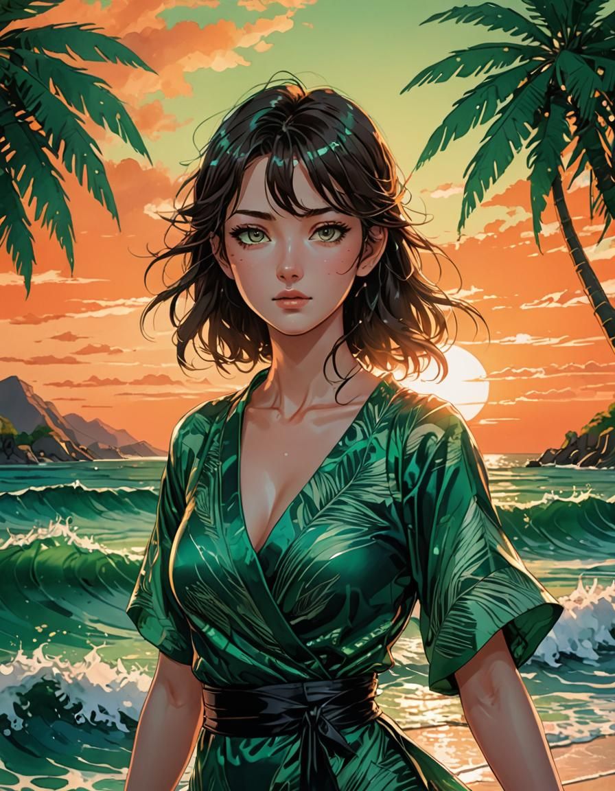 Brunette Girl Emerges from Emerald Sea: Manga Style