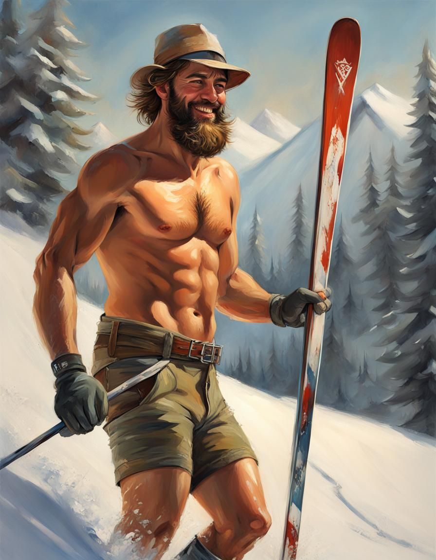 Smiling Shirtless Skier: Digital Painting in Oil on Canvas S...