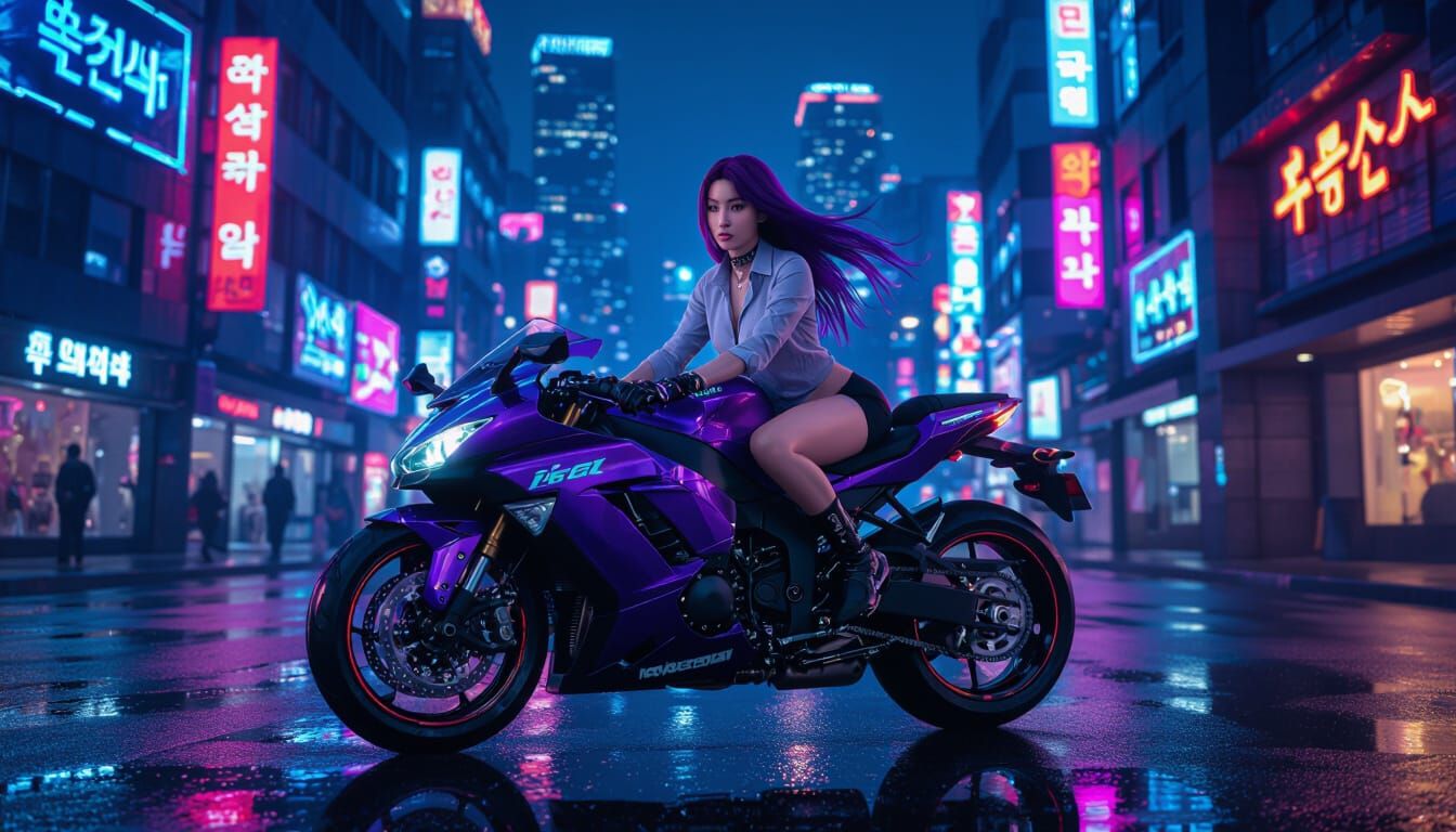Neon Korean Street Scene with Motorcyclist