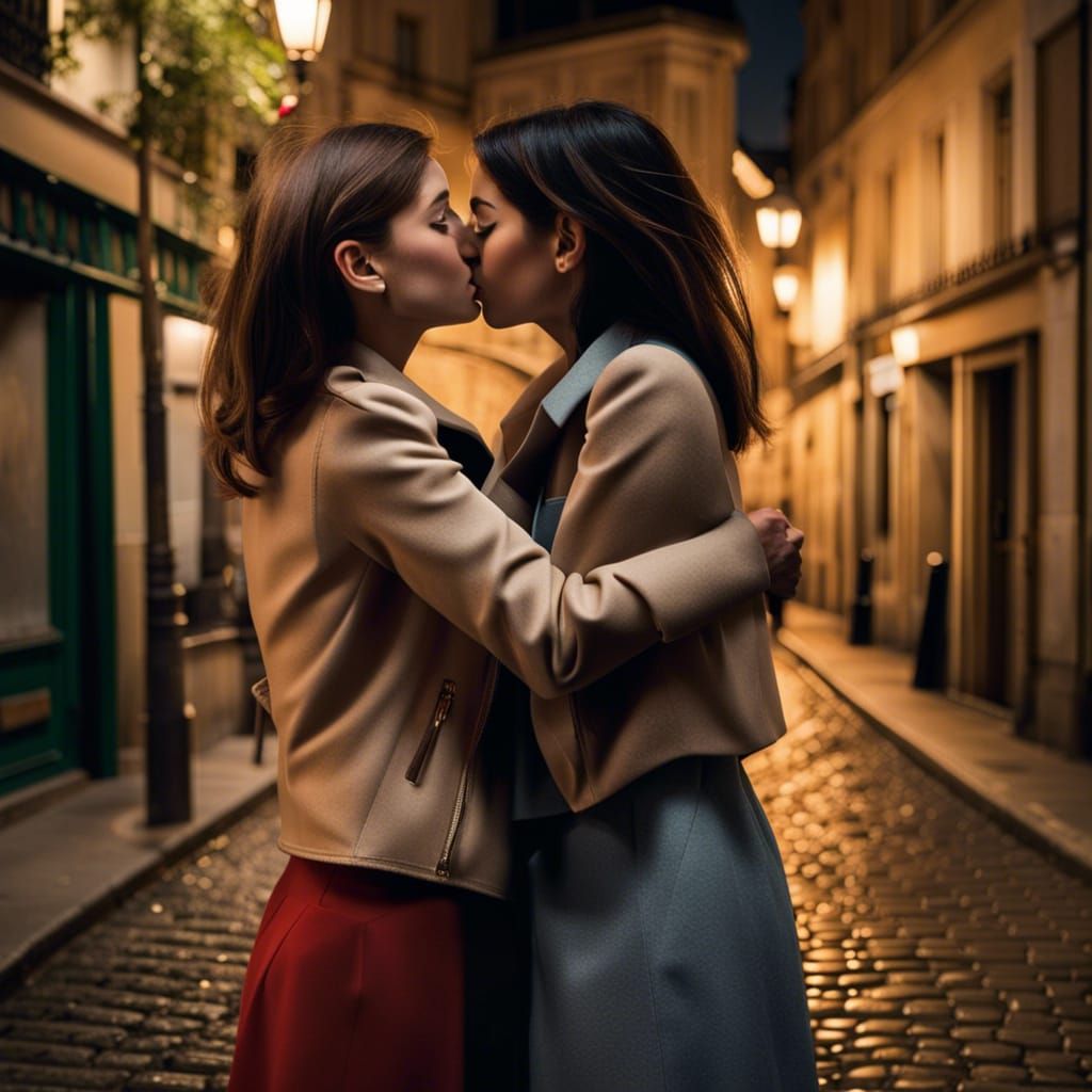 Loving Embrace: Women Kissing in Paris at Night