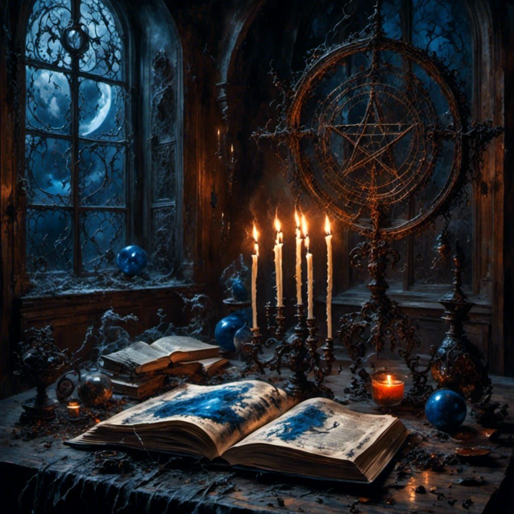 Burning Spell Book in Gothic Mansion