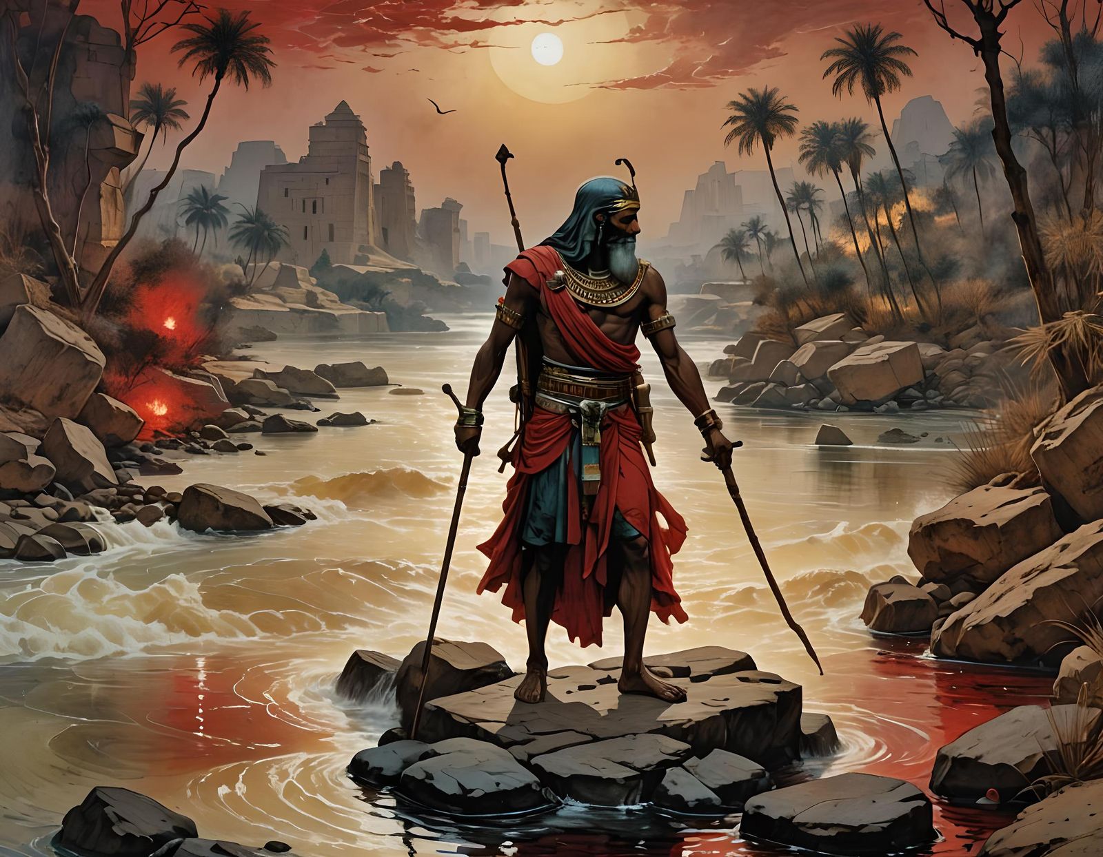 Biblical Sage Transforms Nile in Arthur Rackham Style