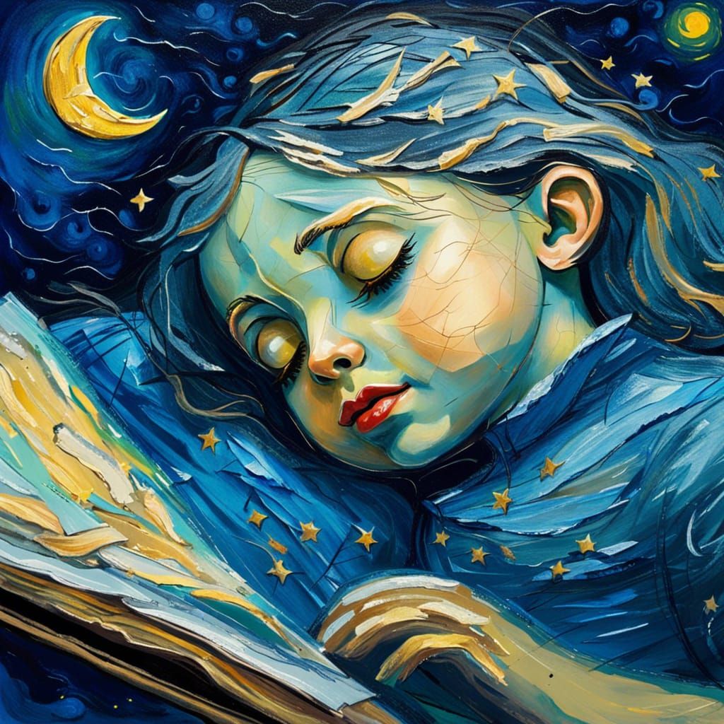 Elf Kisses Sleeping Girl: Van Gogh Style Painting