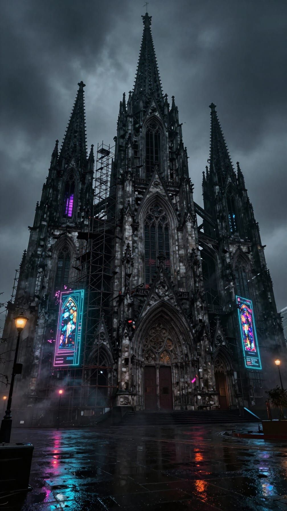 Cyberpunk Gothic Cathedral Amidst Neon Dystopia