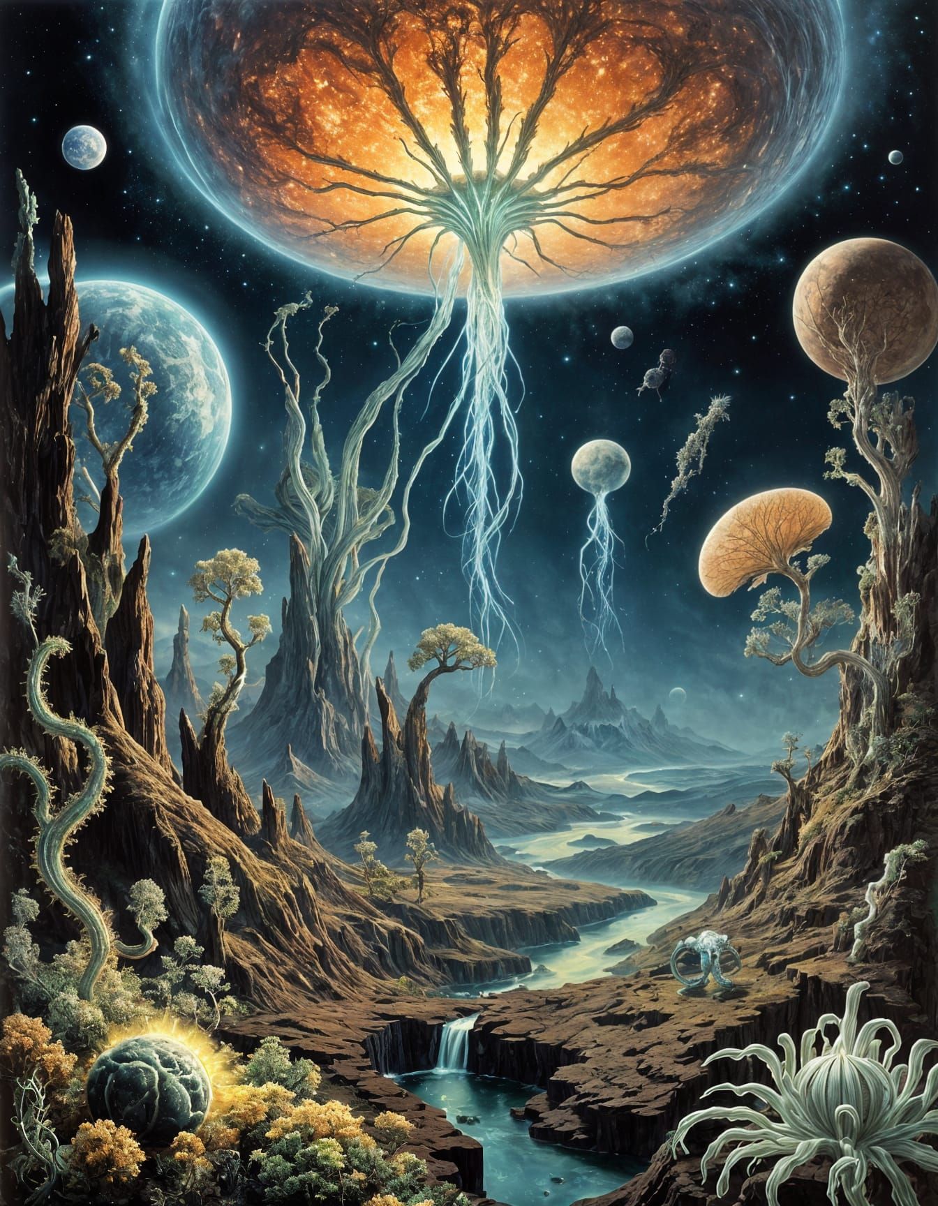 Astronaut Reaches for Bioluminescent Alien Plant in Cosmic N...