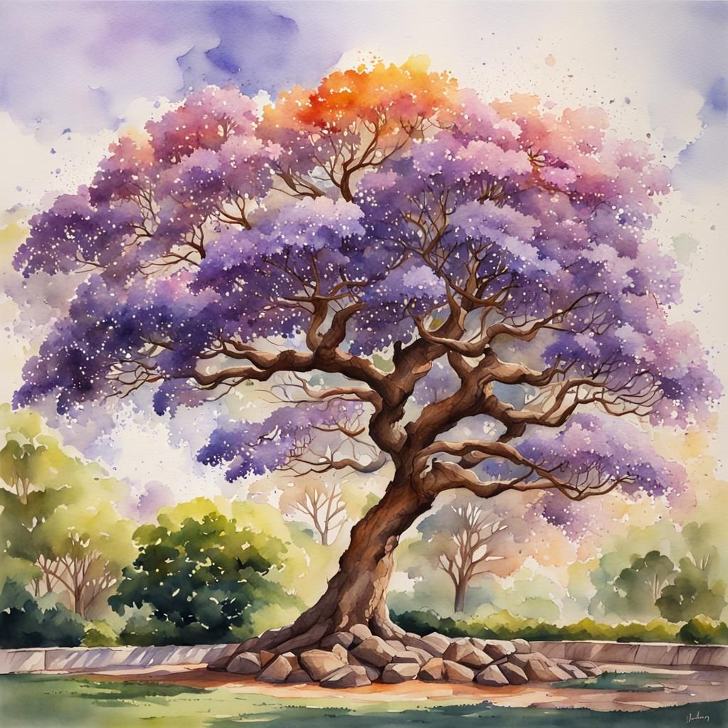 Jacaranda Tree in Bloom: Watercolor Splash Art