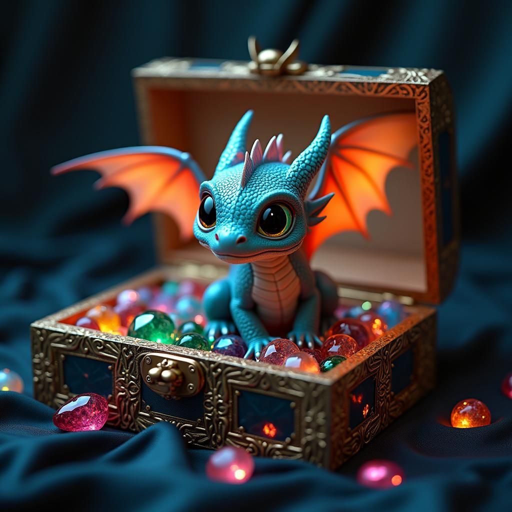 Baby Dragon in Glass Jewelry Box, Fantasy Art