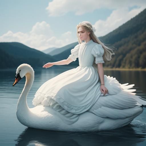 A Slavic girl in white sneakers sits on the back of a huge swan, dressed in an exquisite dress, with her head slightly r...
