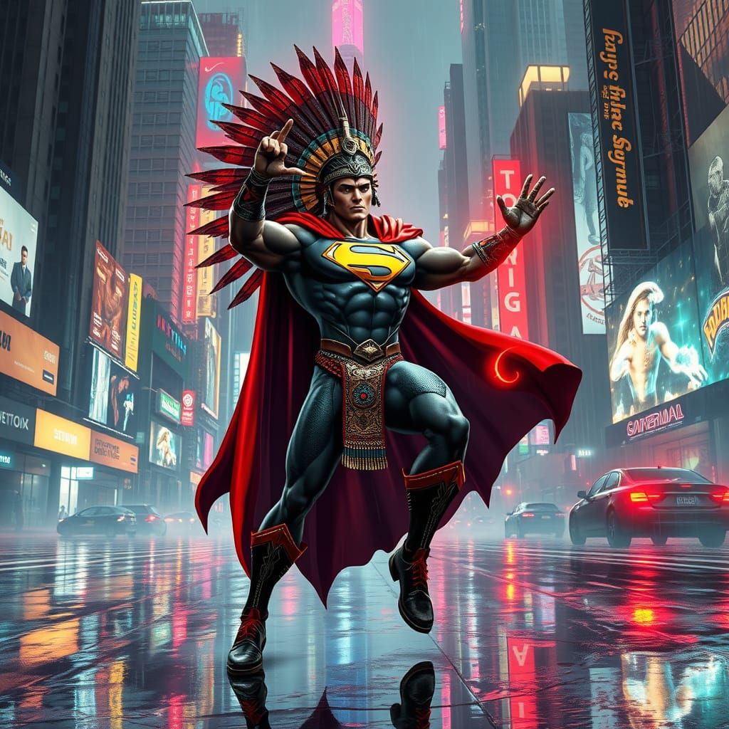 Cyberpunk Aztec Superman Unleashes Ancient Power
