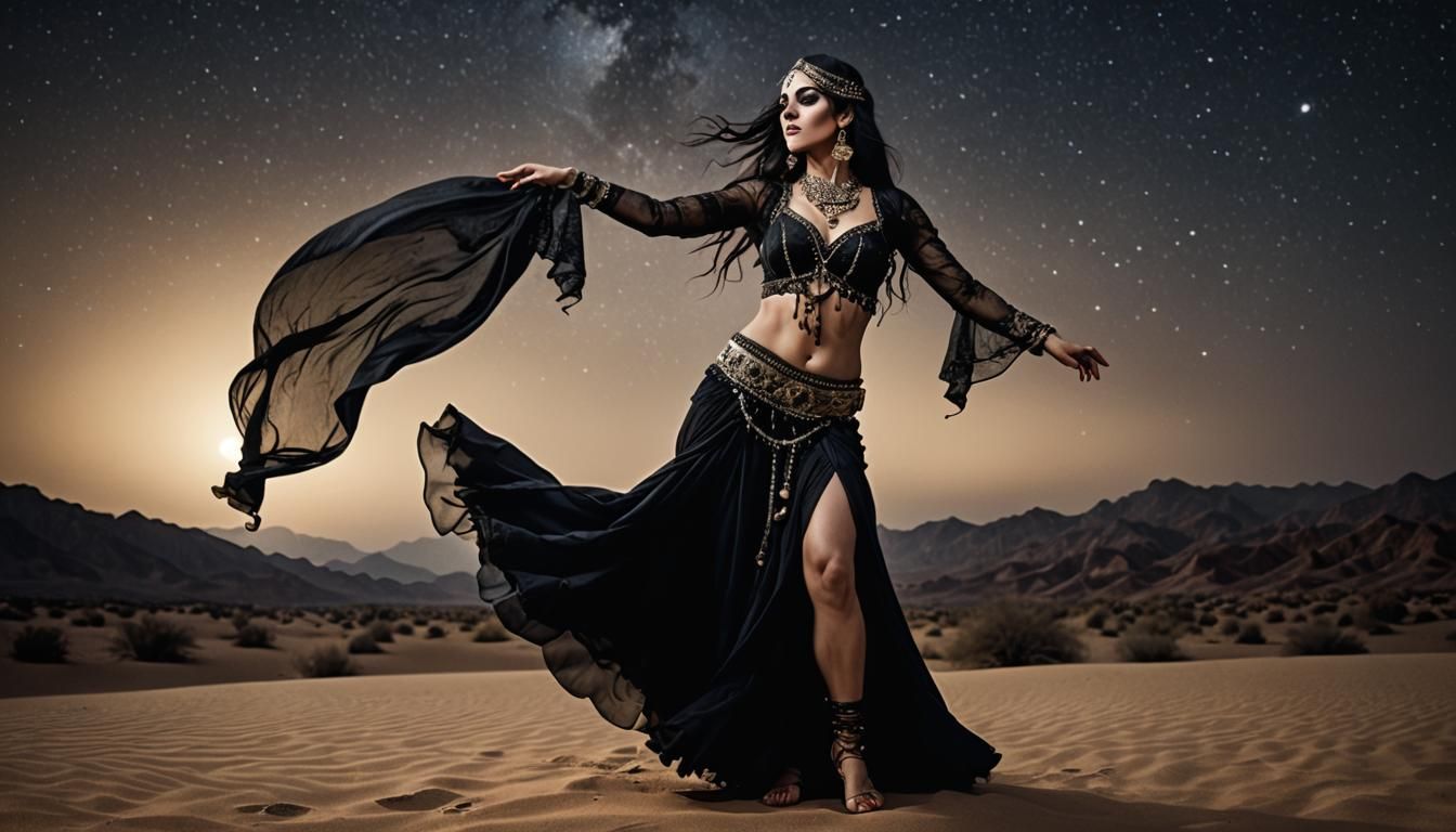 Mourning Gothic Belly Dancer in Desert Night