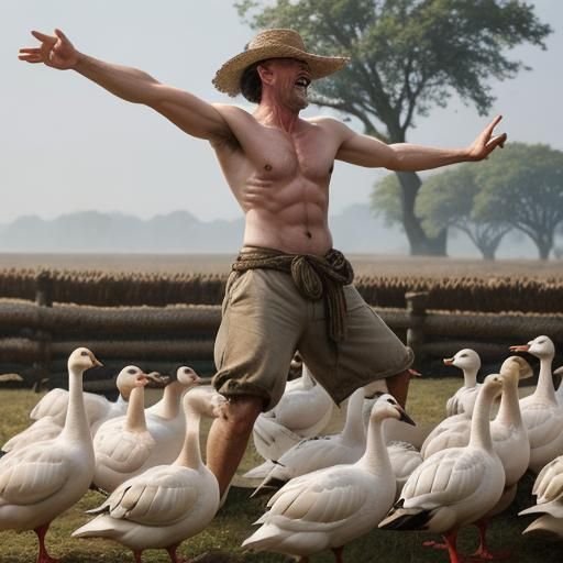 Happy Farmer Dancing with Geese