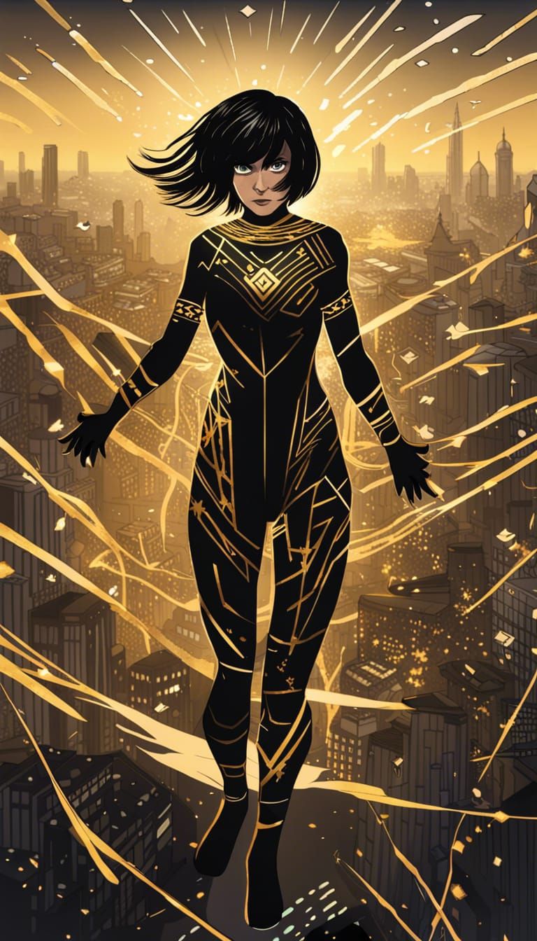 Female Superhero with Golden Runes Over City