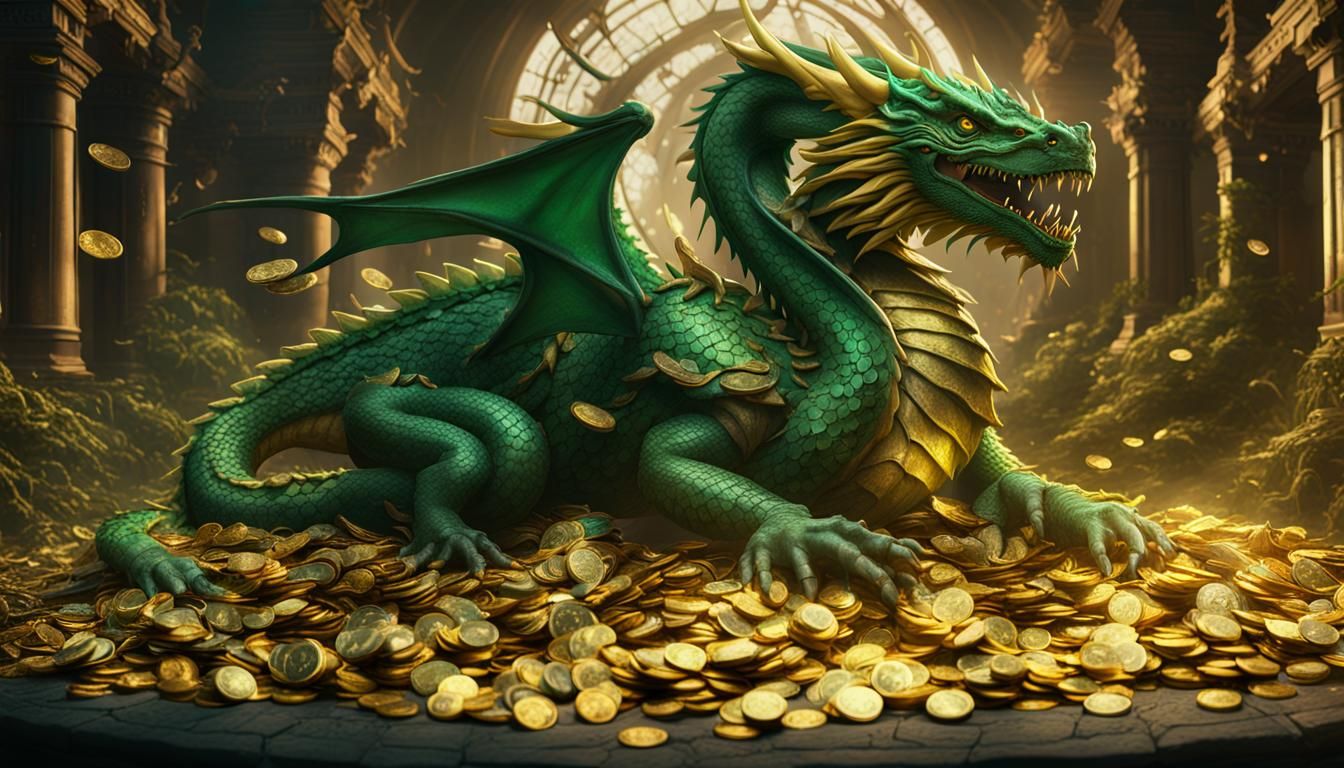 Green and Yellow Dragon Hoard: Fantasy Concept Art