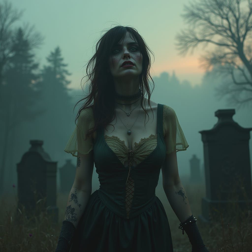 Victorian Zombie in Misty Graveyard Art