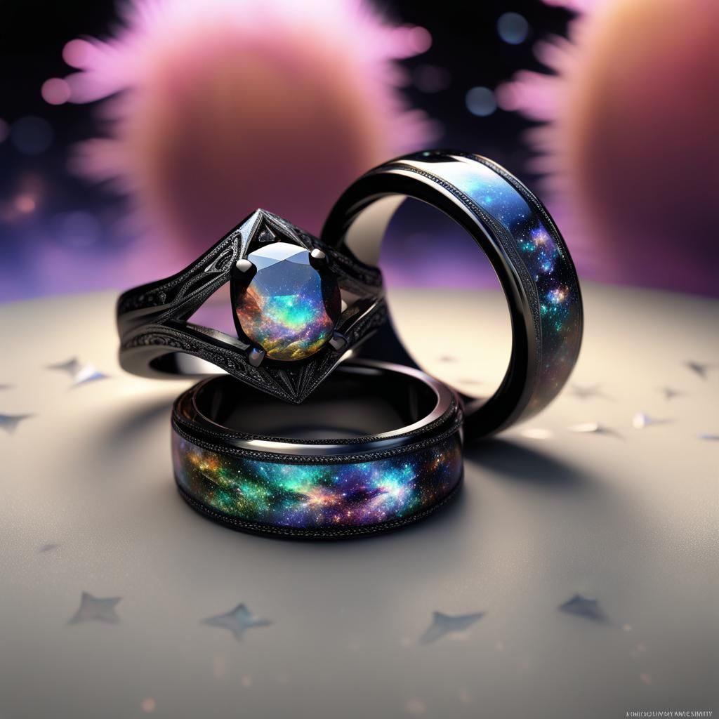 Galactic Wedding Rings with Obsidian Bands