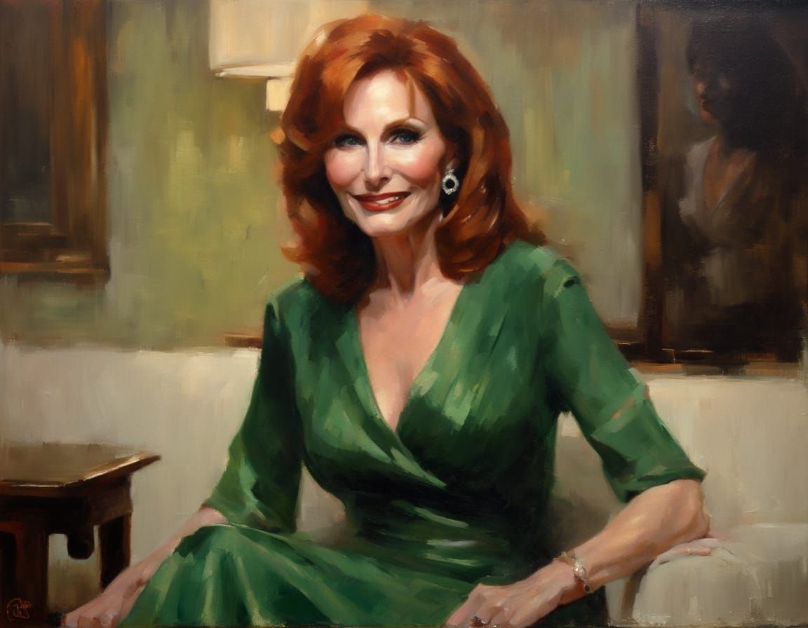 Elegant Woman in Green Gown, Impressionistic Oil Portrait