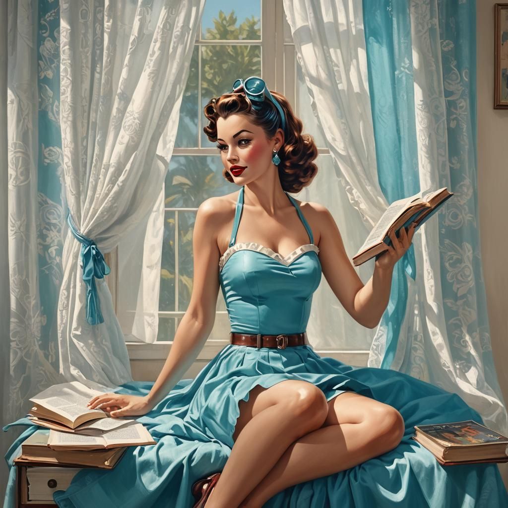Vintage Pin-Up Girl Reading Book, Film Still