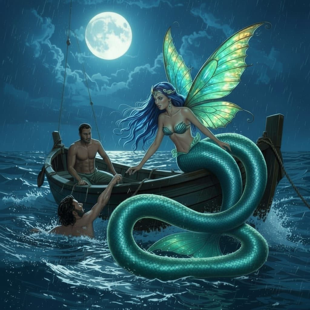 Mermaid Rescues Man From Sinking Boat at Night
