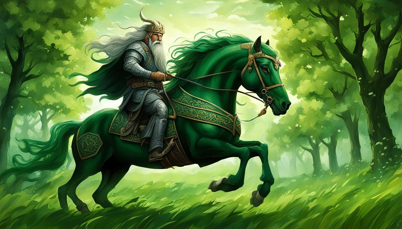 Odin rides Sleipnir, (his loyal eight-legged steed), through...