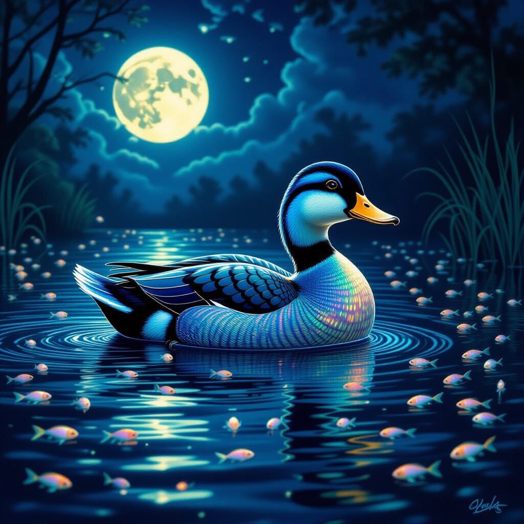 Bioluminescent Duck in Pond, in Haeckel-Giger-Beksiński Styl...