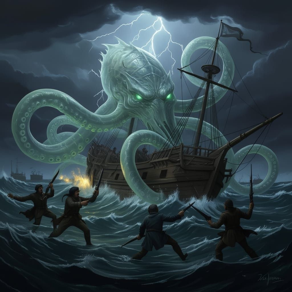 Haunted Kraken Attacks Ship in Dramatic Horror Style