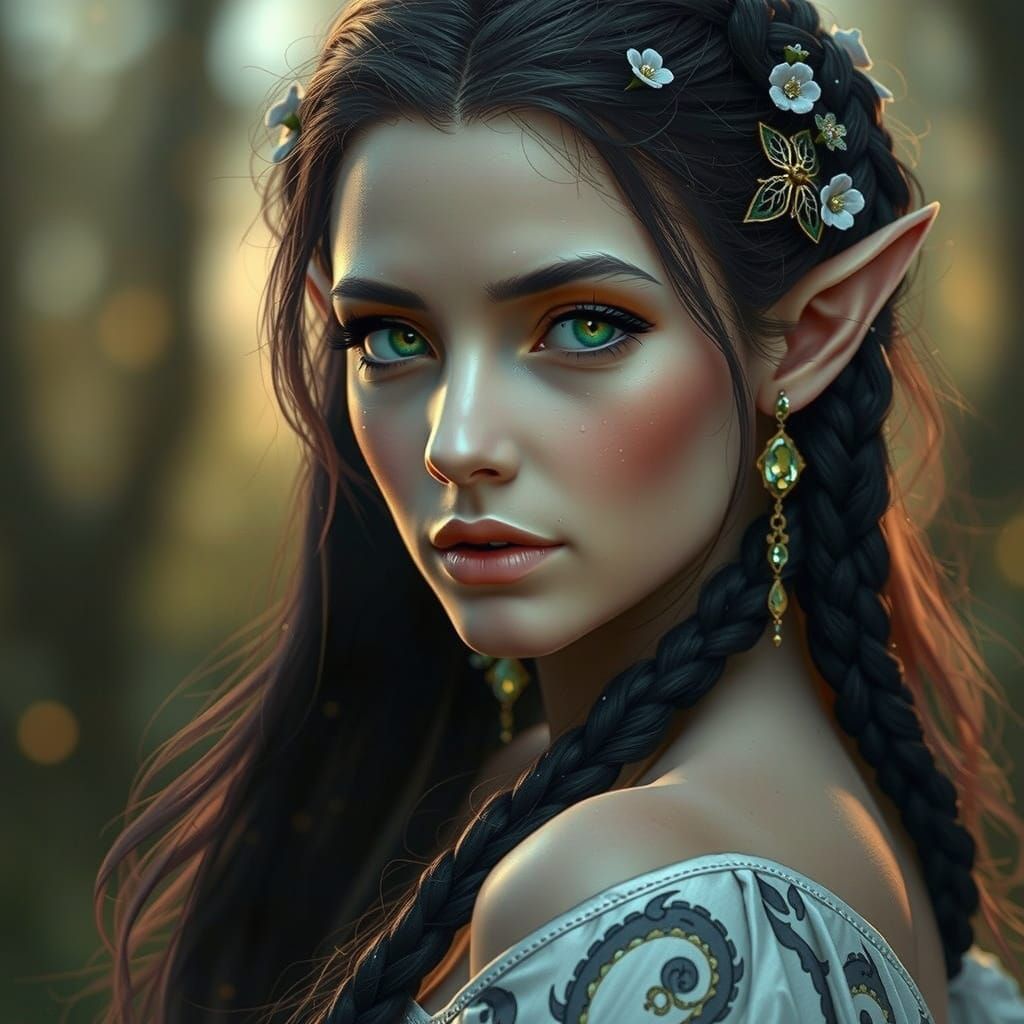 Hyperrealistic Elven Woman in Enchanted Forest