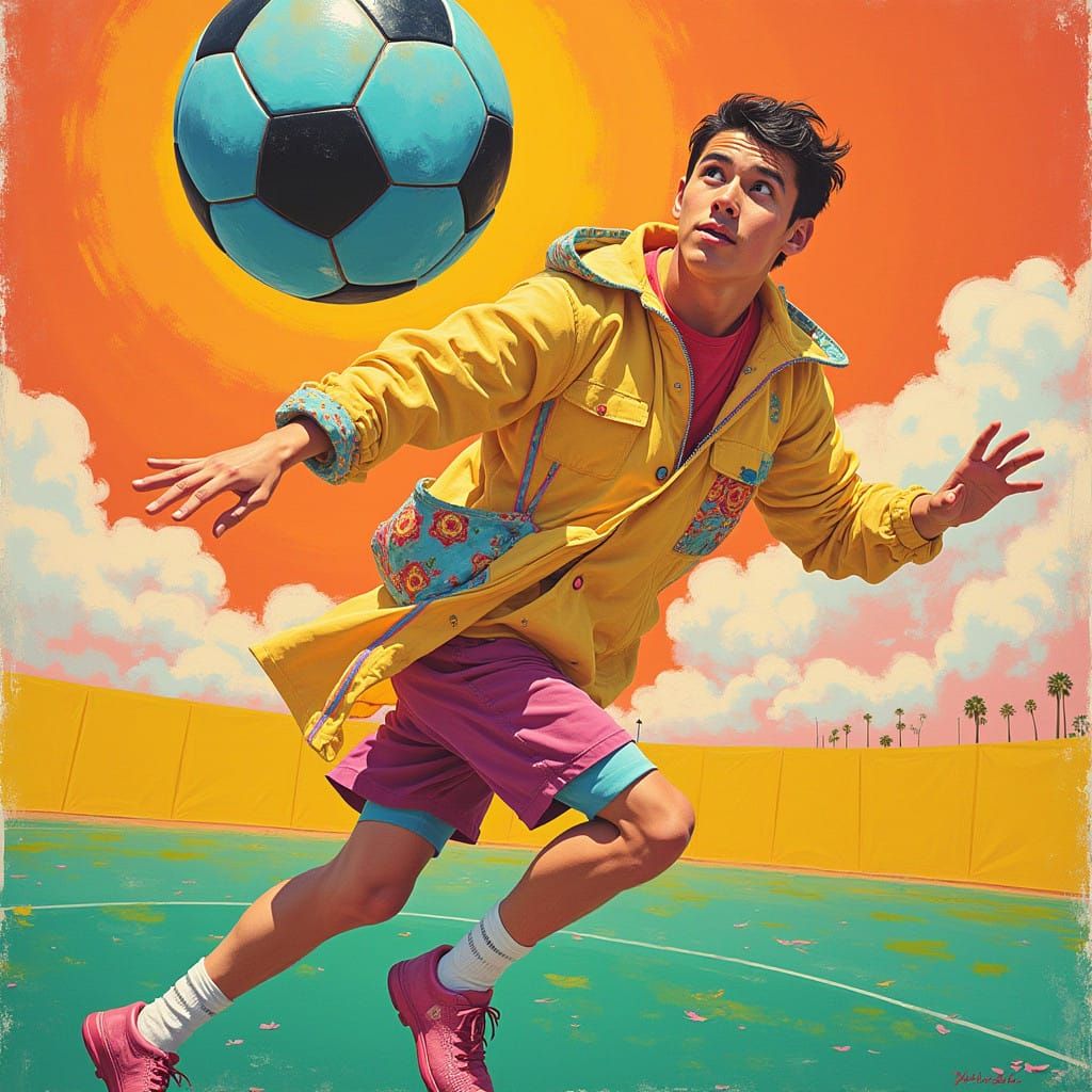 Silly Soccer Fan in Vibrant Murakami-Inspired Wonderland