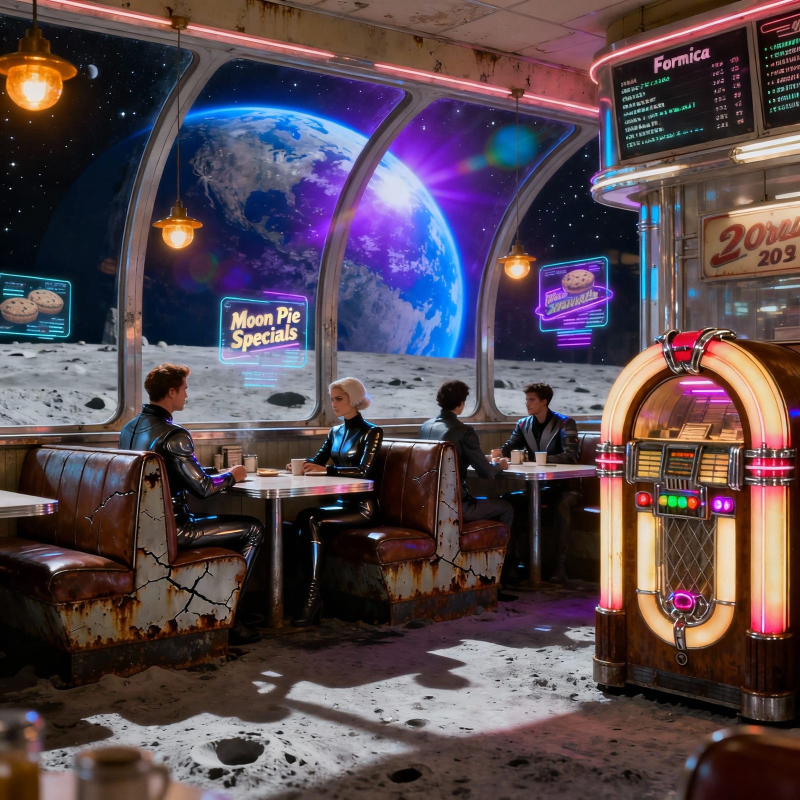 Retro-Futuristic Diner on Moon in 2099