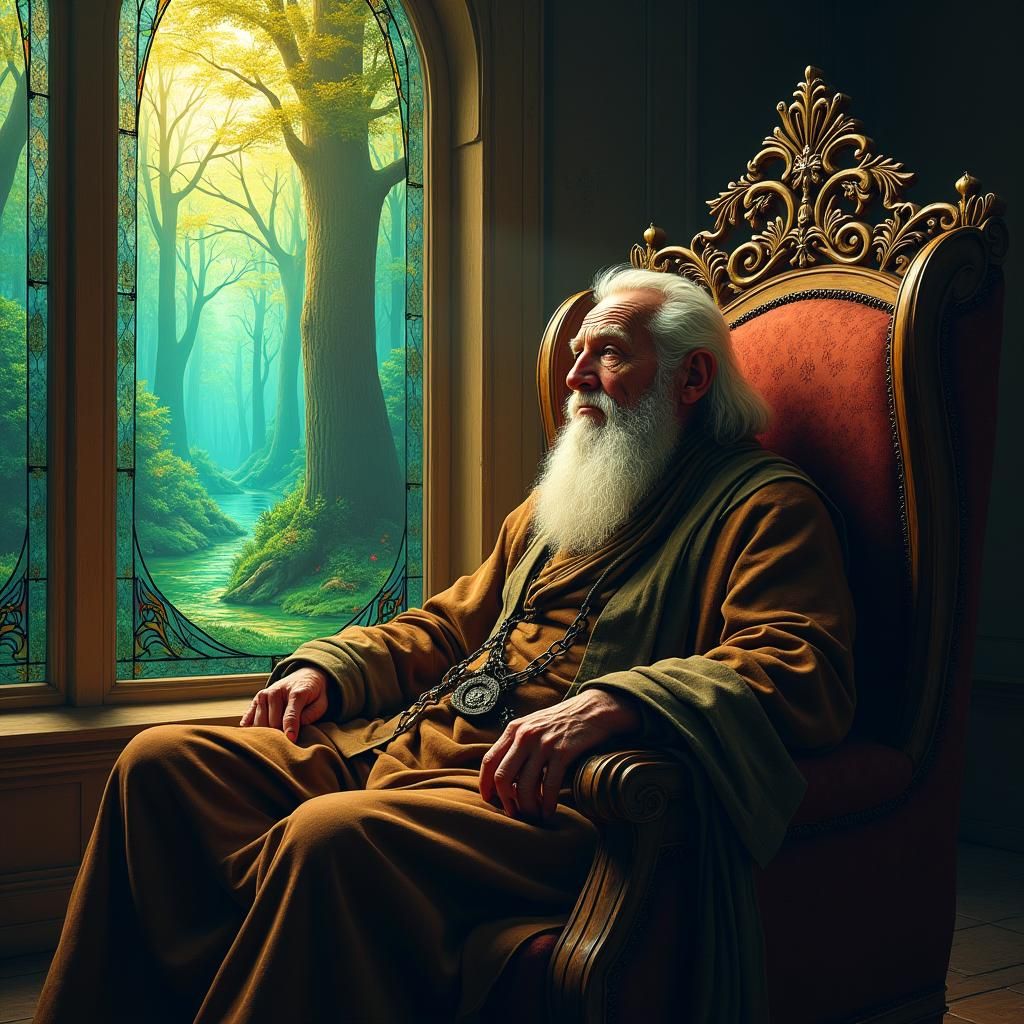 Enchanted Forest: Elderly Man Gazing Through Stained Glass