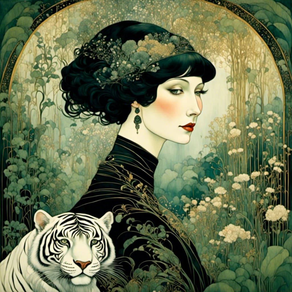 Art Deco Woman with White Tiger Portrait