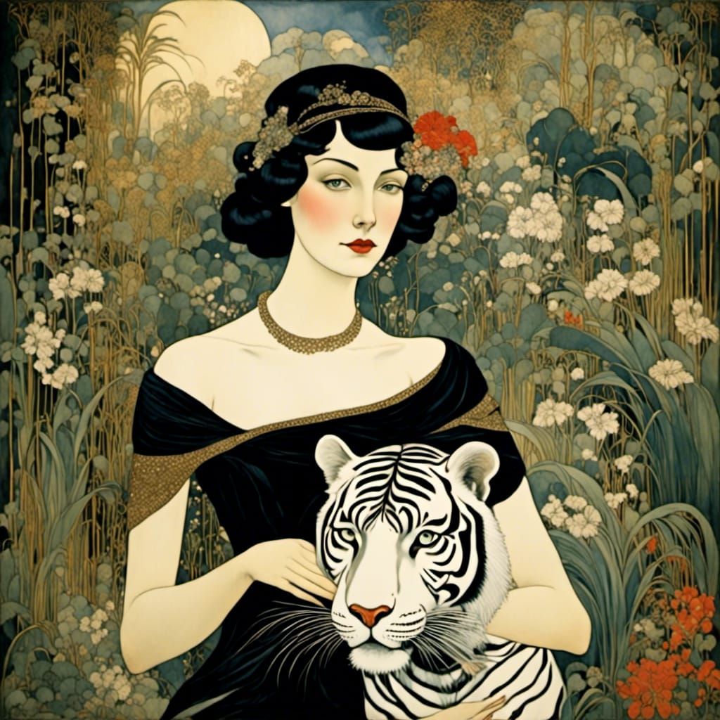 Art Deco Woman and White Tiger Portrait