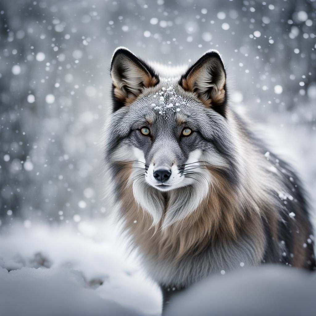Crystalline Silver Fox in Snowy Landscape