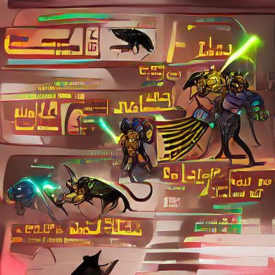 Cyberpunk Egyptian Gods Battle Imps in Spaceship