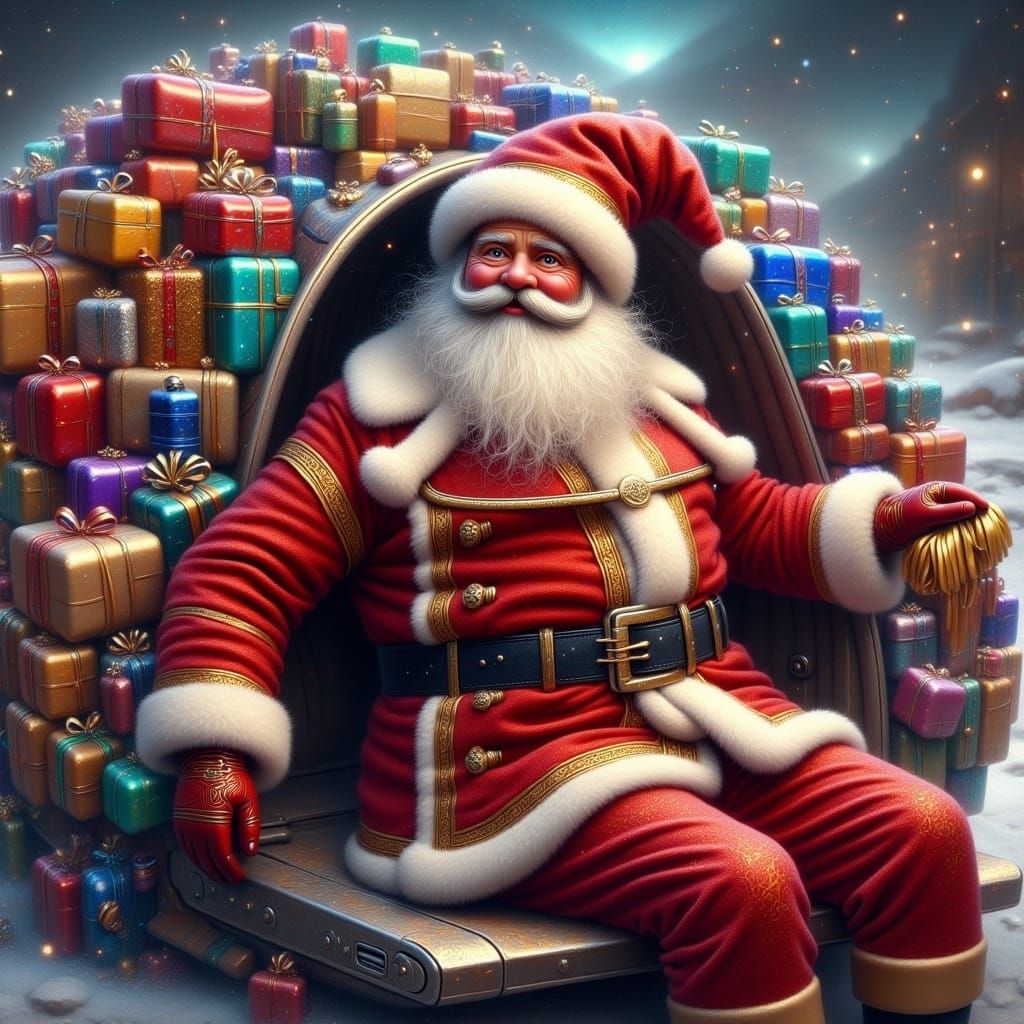 Santa Surfaces from Cybertruck, Surrounded by Vibrant Luggag...