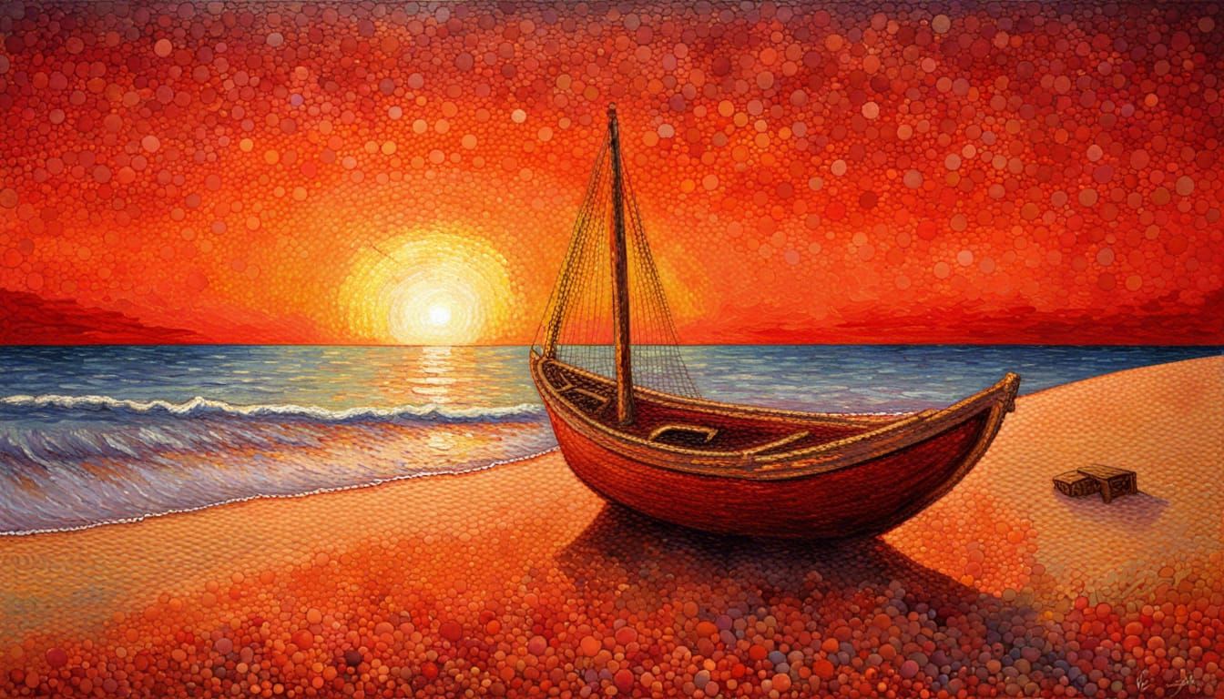 Pointillist Sunset Over Seashore With Wrecked Sloop