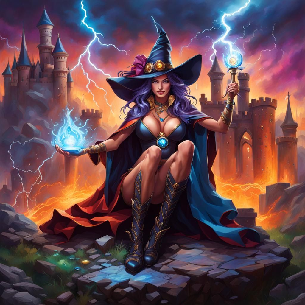 Powerful Sorceress with Lightning Magic in Graffiti Art