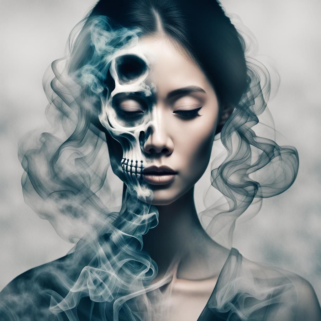 Double Exposure: Chinese Woman and Smoke Skeleton