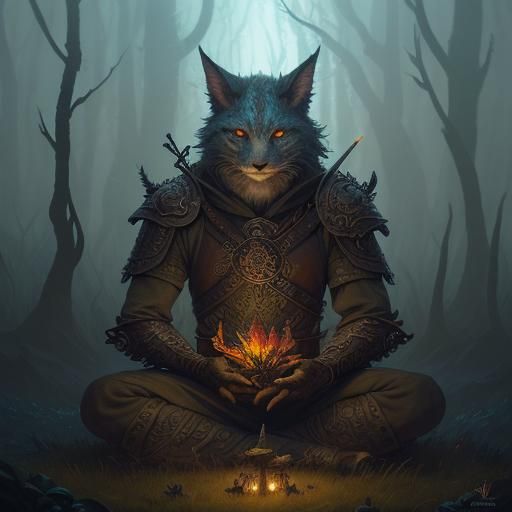 Catfolk Ranger in Misty Forest, Dreamlike Illustration