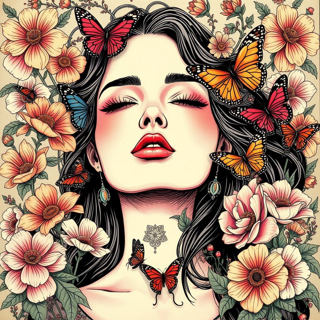 Woman Spreading Love Among Flowers: Detailed Ink Illustratio...