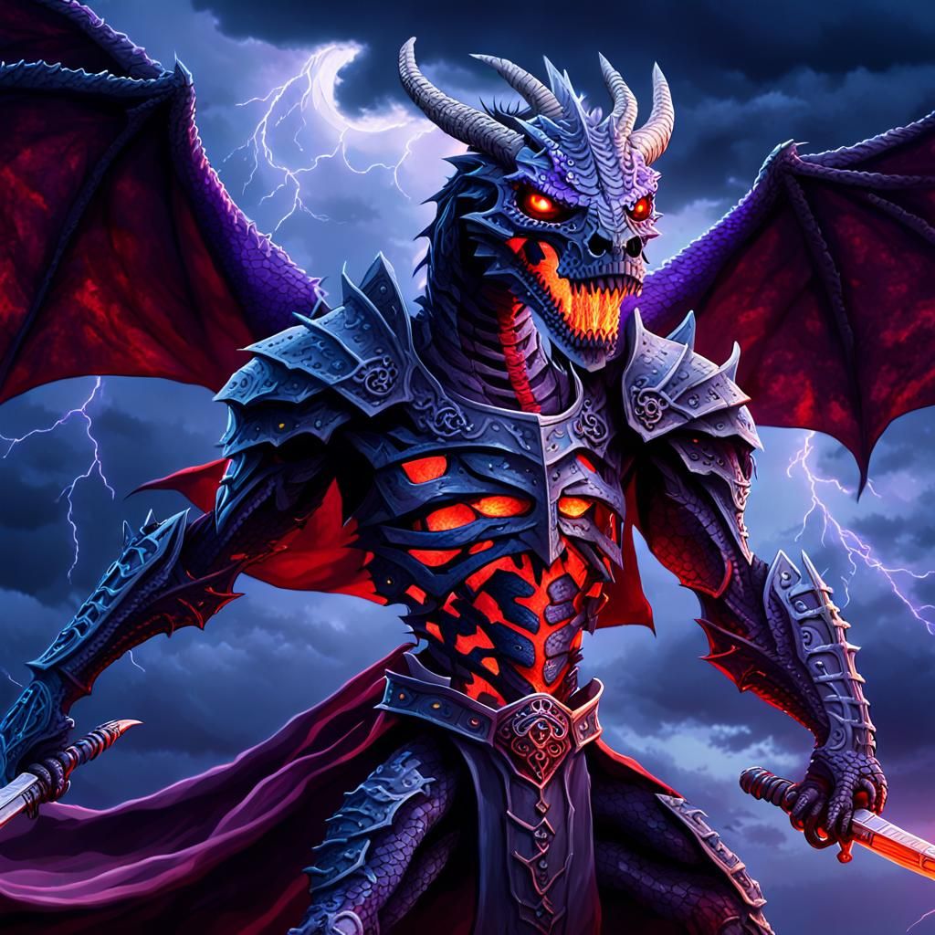 Skeletal Warrior Riding a Dragon in Stormy Sky