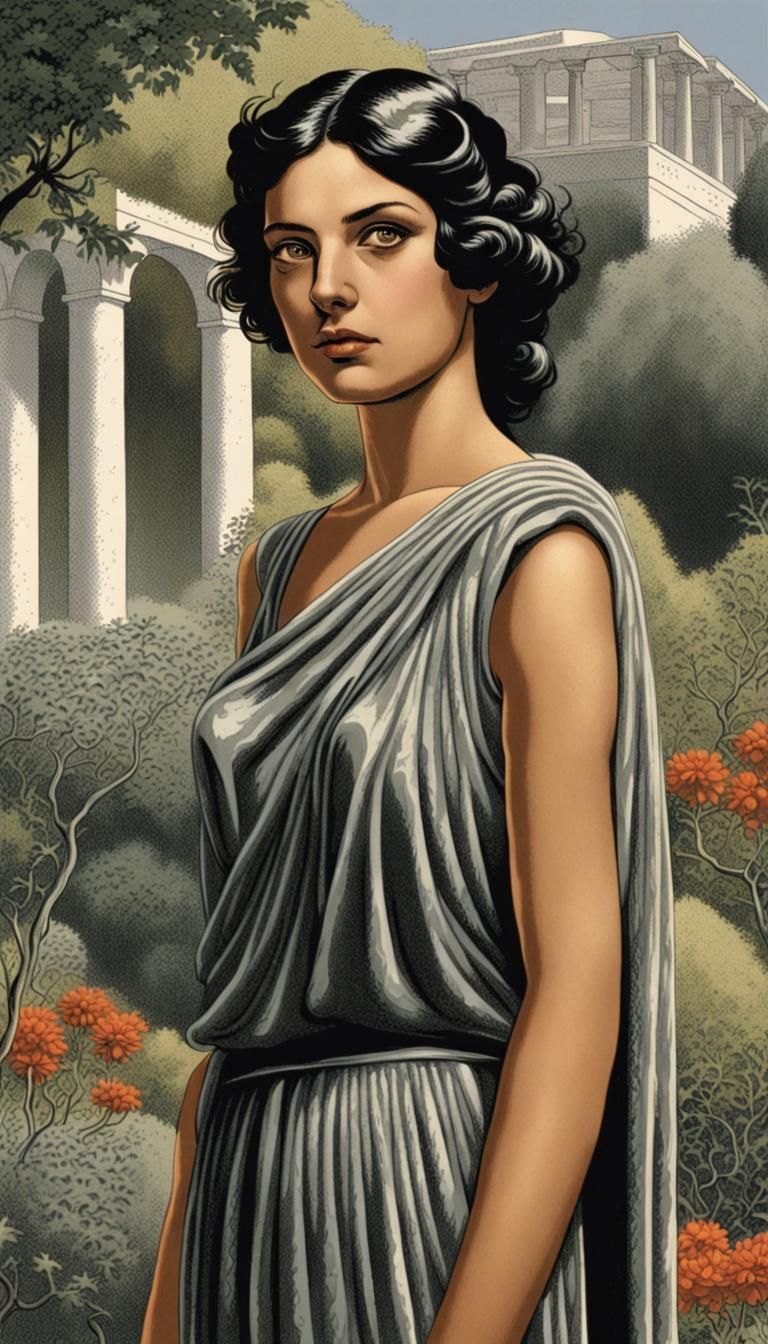 Ancient Greek Woman in Stippled Black and White