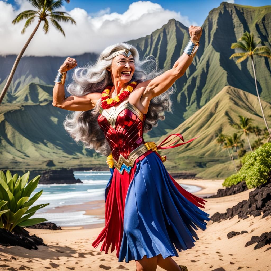Silver-Haired Woman Hula Dancing in Hawaii